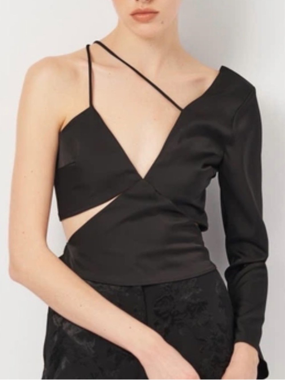 Zara Black Asymmetric One-Sleeve Satin Crop Top